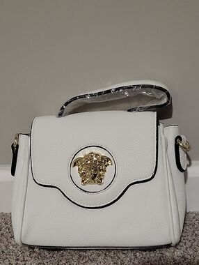 White Versace Satchel with Gold Medallion Accent